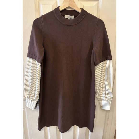 Pearl by Lela Rose Brown Knit Sweater Dress Contrast Stripe Sleeves Size XS EUC - Picture 1 of 7